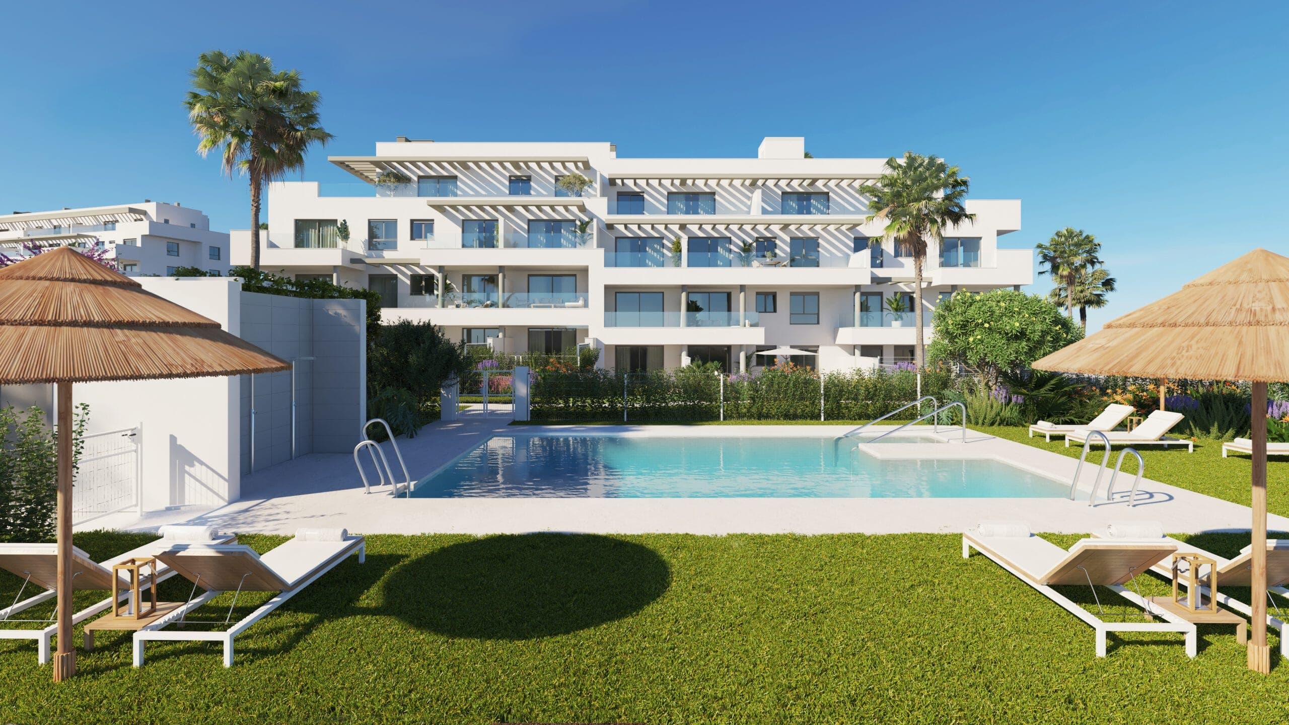 Erreichbare Luxuswohnungen mit Terrassen, Gärten und modernem mediterranem Design.