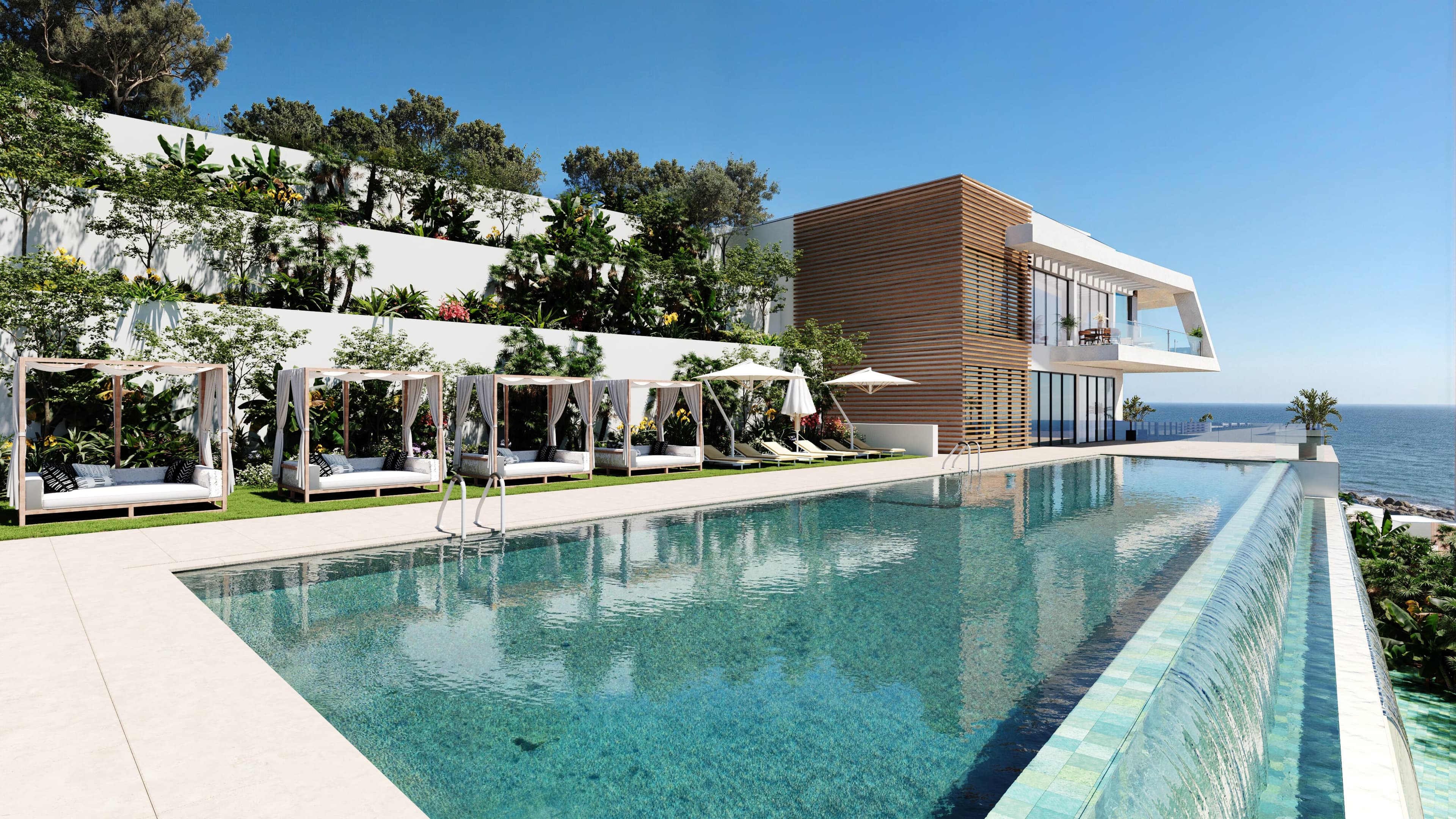 Zeitgenössische Reihenhäuser in Elviria mit Meerblick und Wellness-Anlagen.