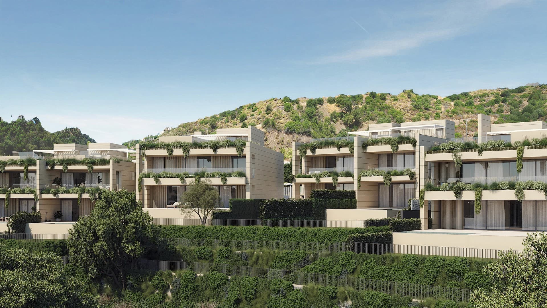 Luxuriöse Häuser, die eine perfekte Verschmelzung von zeitgenössischer Architektur und natürlicher Umgebung darstellen