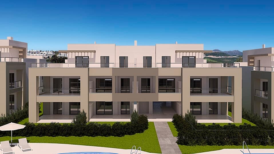 Elegante mediterrane Häuser mit Meerblick, großzügigen Terrassen und direktem Strandzugang.