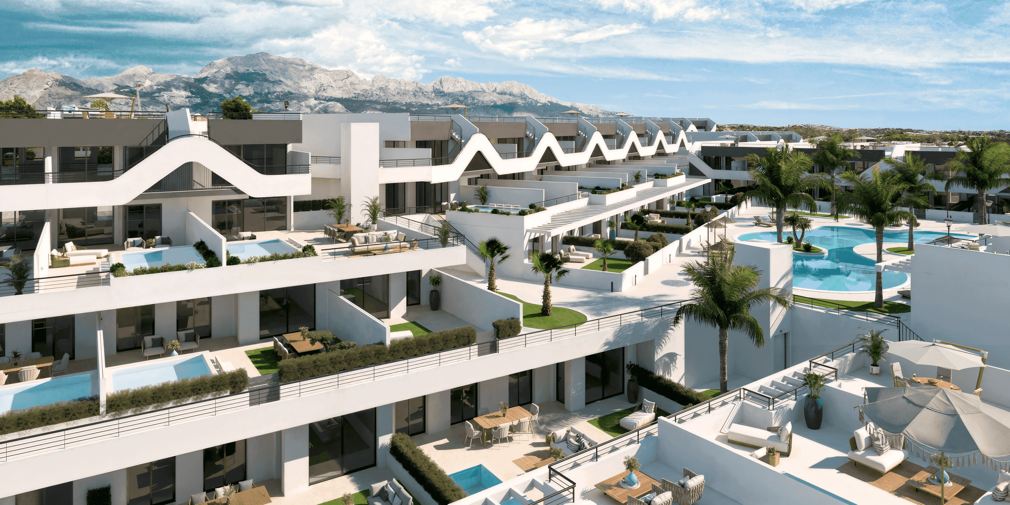 Moderne Apartments in Alfaz del Pi mit Pool, Gärten und ganzjährigem mediterranem Wohnen.
